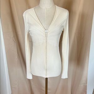 Cream Ribbed Belldini rhinestone Zip-Front Long Sleeve sweater